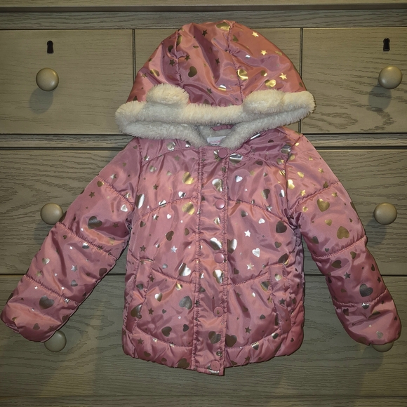 Pink Puffer Hooded Coat Silver Hearts Faux Fur Lining - Picture 1 of 9